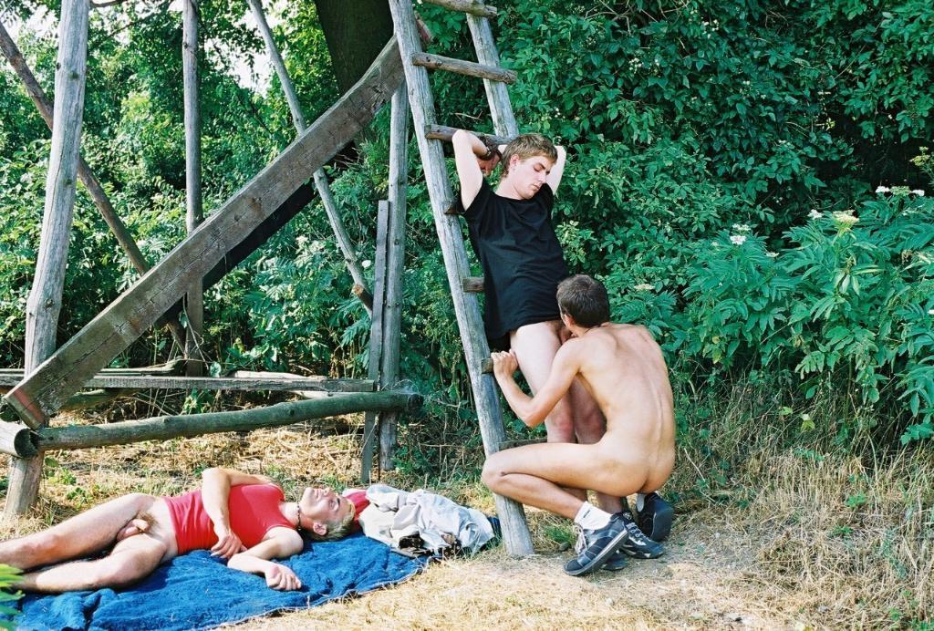 20P Gay hunk getting his ass pounded in threesome sex outdoors