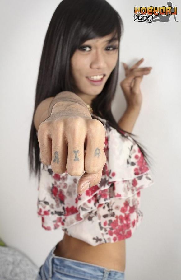 16P Mega Cock Asian Ladyboy In Daisy Duke Jean Shorts