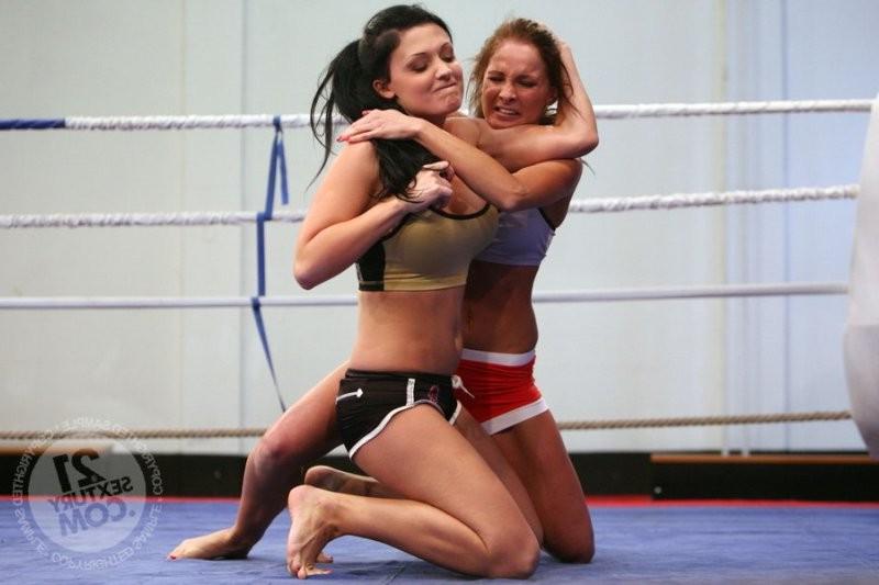 16P Aletta Ocean competes in a rough and tumble nude wrestling match with another ho