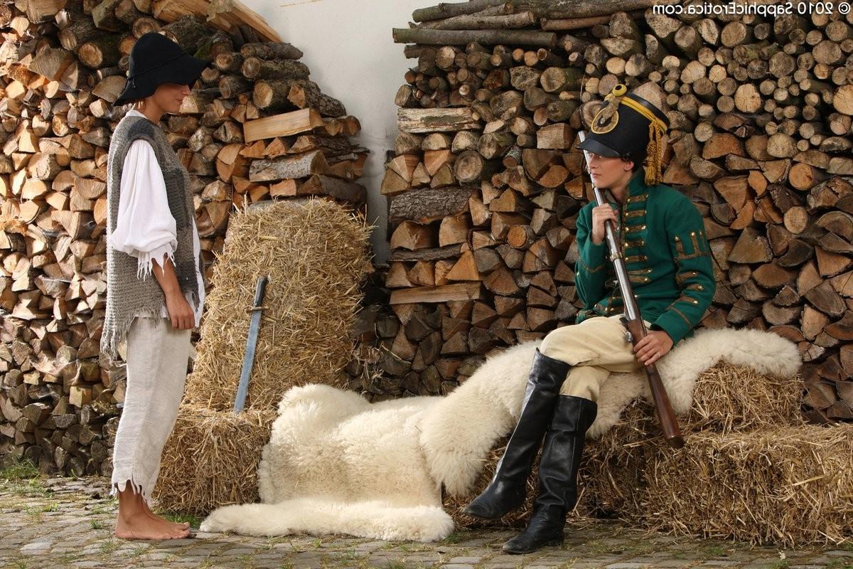 16P Historical dressed honeys undress and lap twats outside