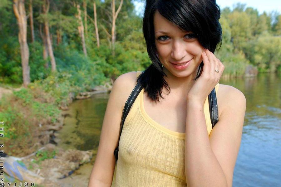 15P Petite Holly treking outdoors with big hard nipples
