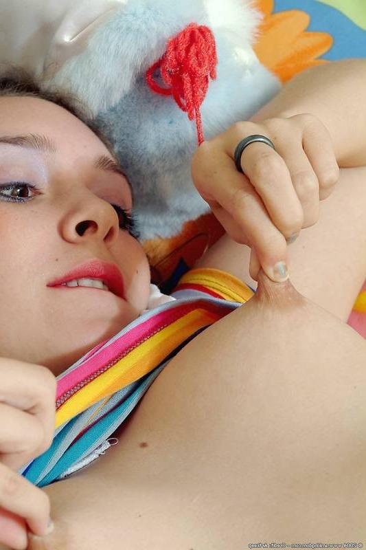 15P Petite girl pinches her tiny  budding nipples hard