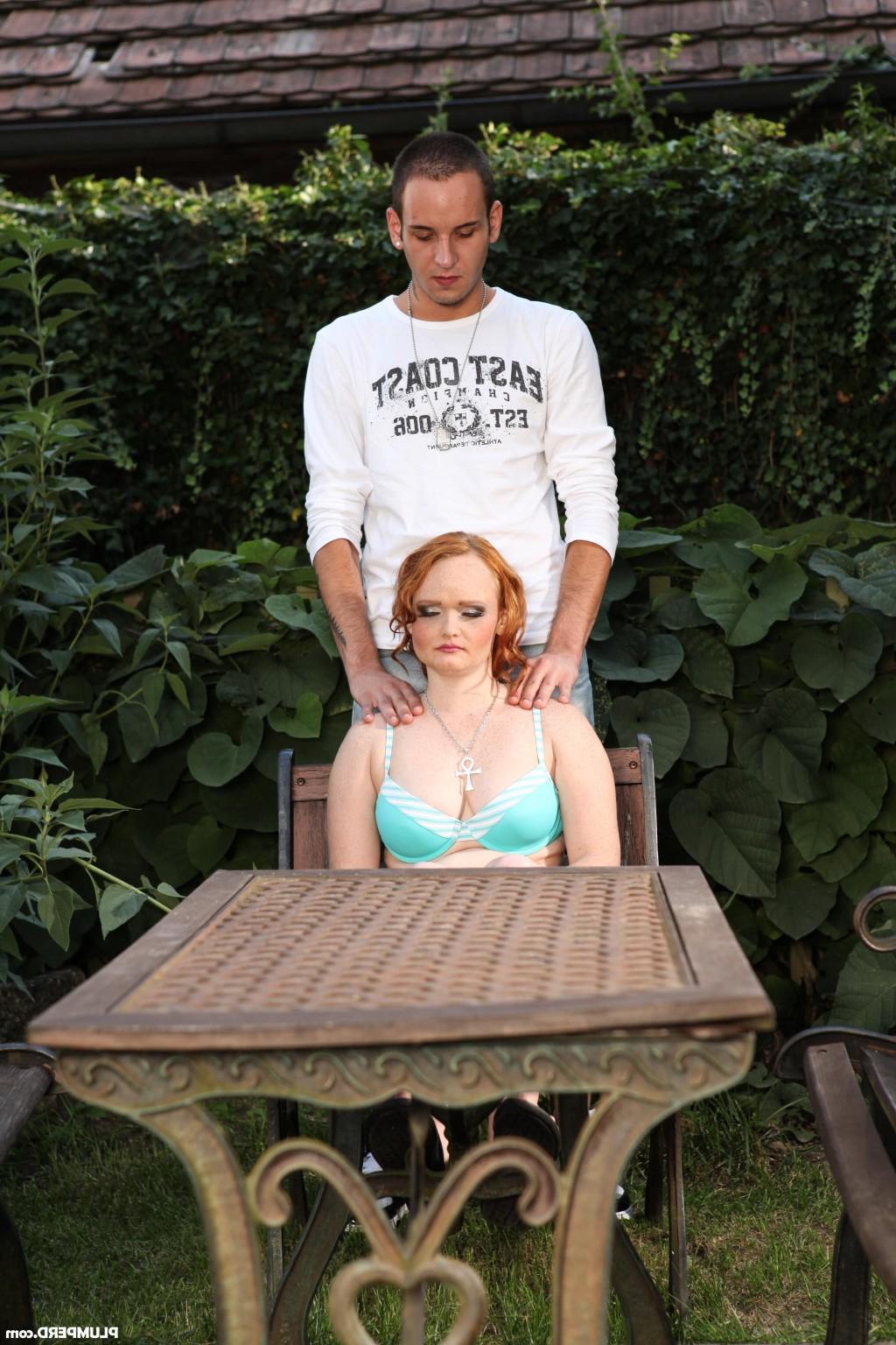 15P Naughty redhead BBW babe sitting on a guys face outdoors