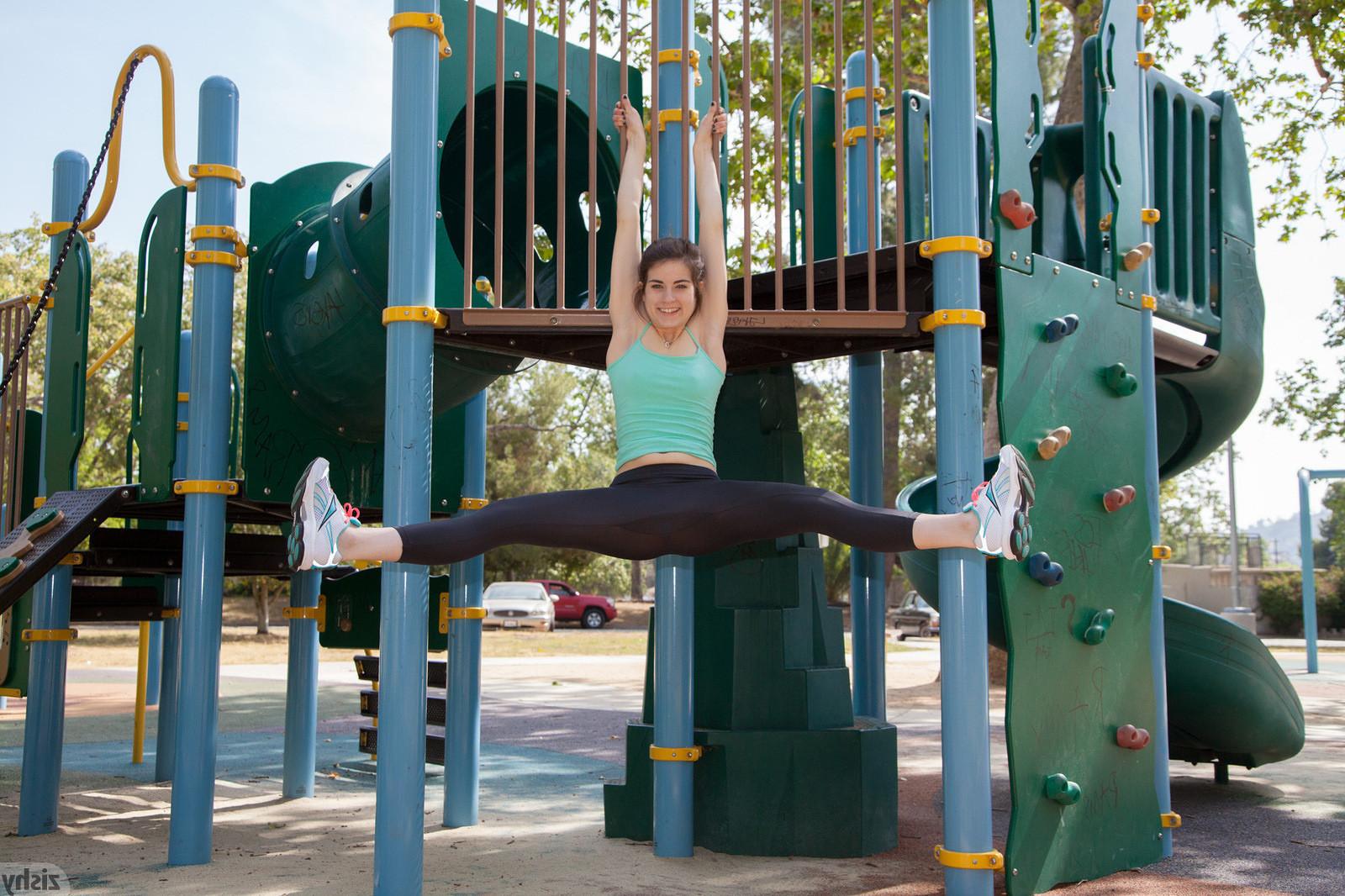 12P See through black yoga pants on cute teen stretching