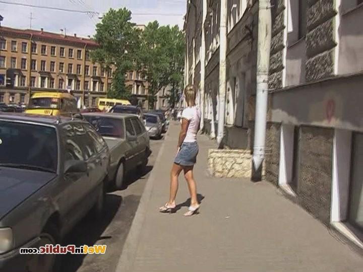 12P Tanned blondie in a jean mini learns more about public pissing shame