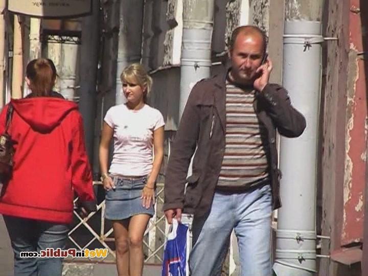 12P Tanned blondie in a jean mini learns more about public pissing shame