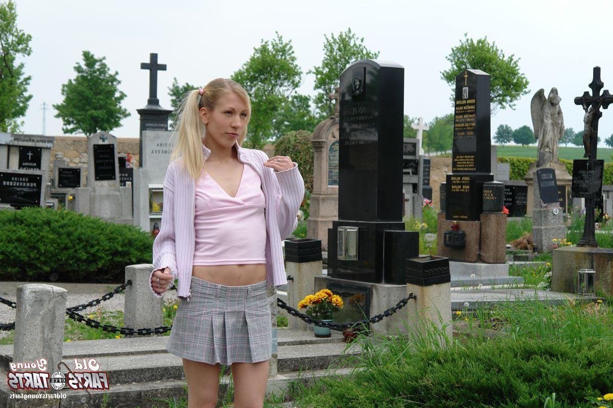 16P Teen blonde gives grandpa a sloppy blowjob on a cemetery
