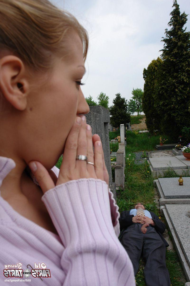 16P Teen blonde gives grandpa a sloppy blowjob on a cemetery