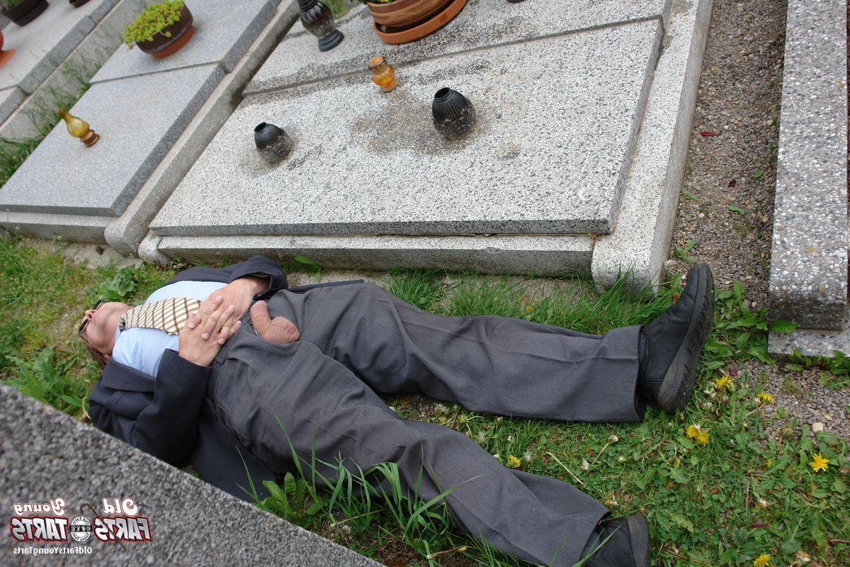 16P Teen blonde gives grandpa a sloppy blowjob on a cemetery