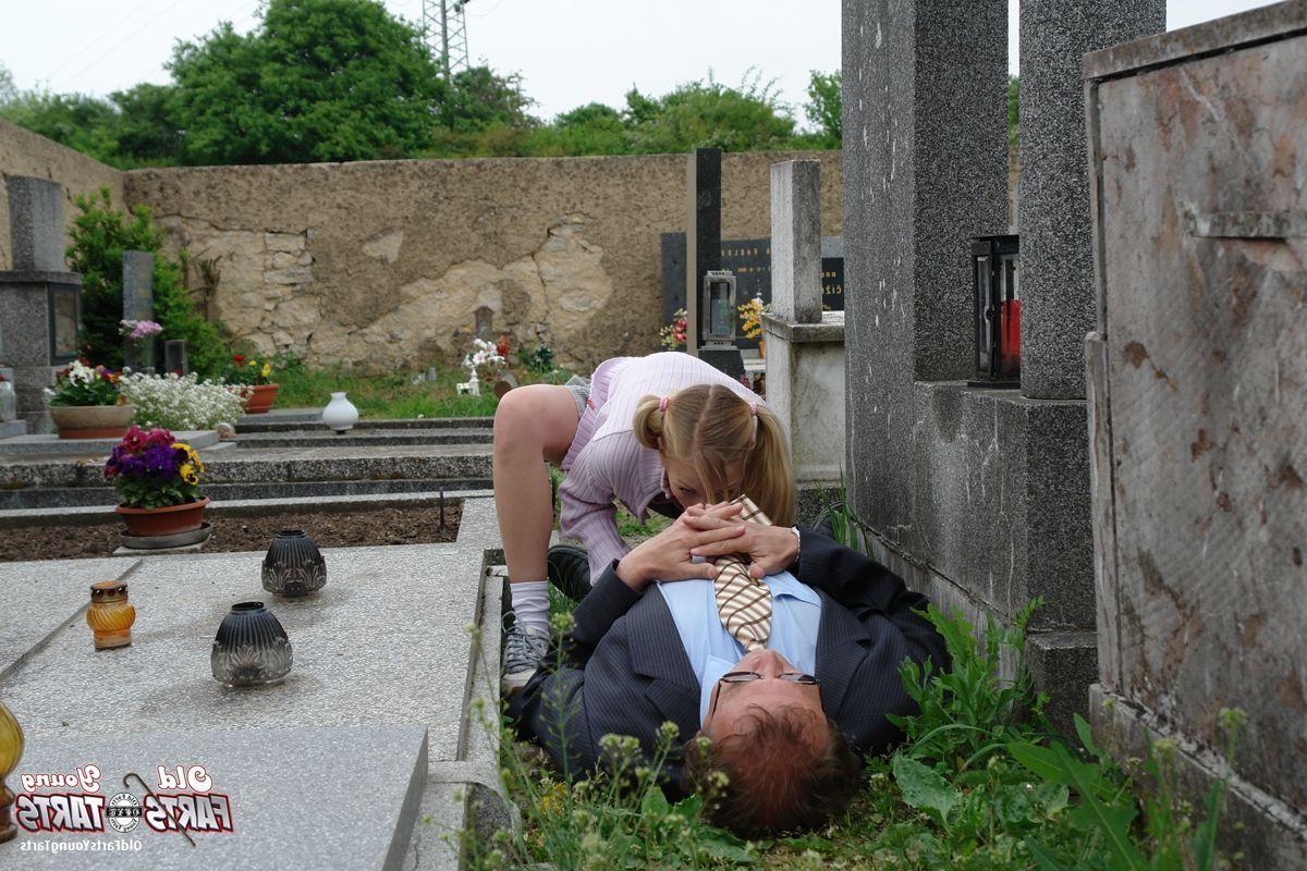 16P Teen blonde gives grandpa a sloppy blowjob on a cemetery
