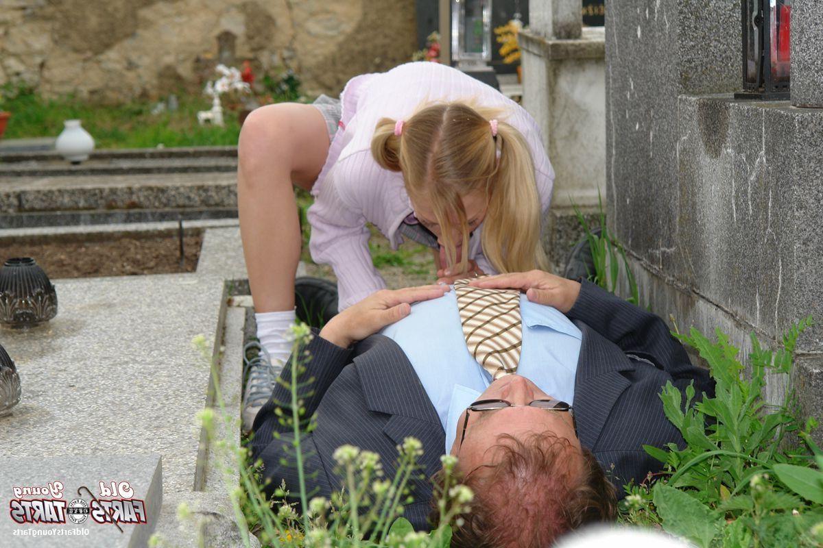 16P Teen blonde gives grandpa a sloppy blowjob on a cemetery