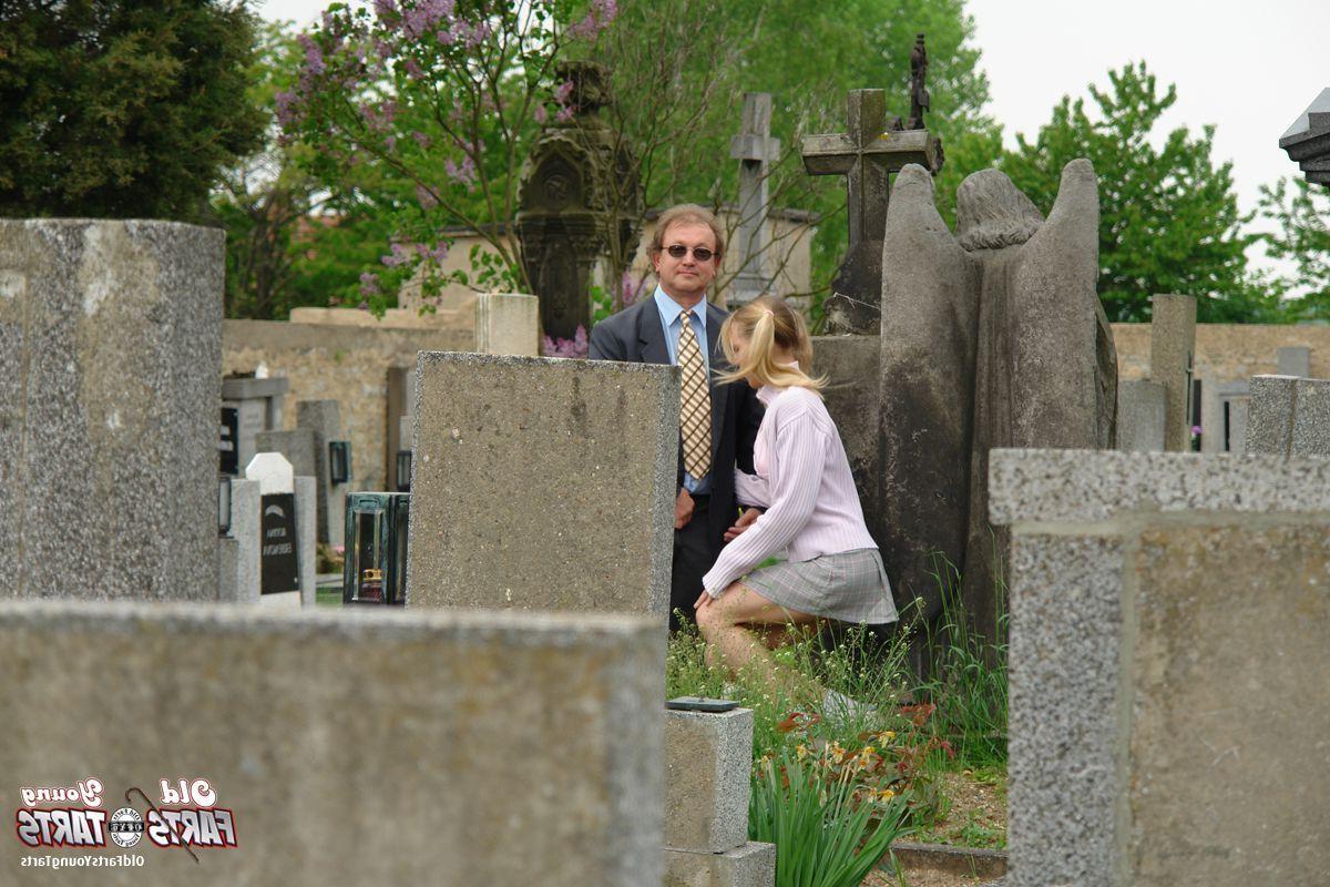 16P Teen blonde gives grandpa a sloppy blowjob on a cemetery