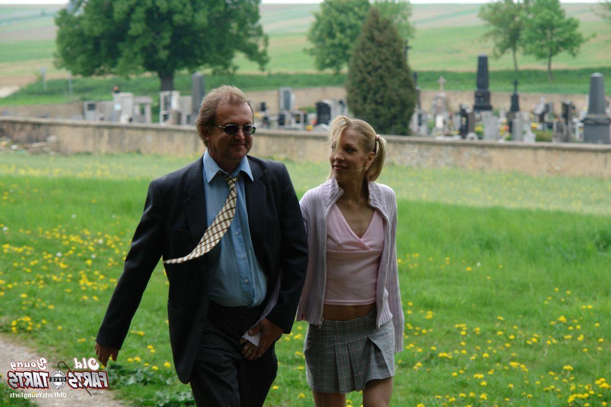 16P Teen blonde gives grandpa a sloppy blowjob on a cemetery