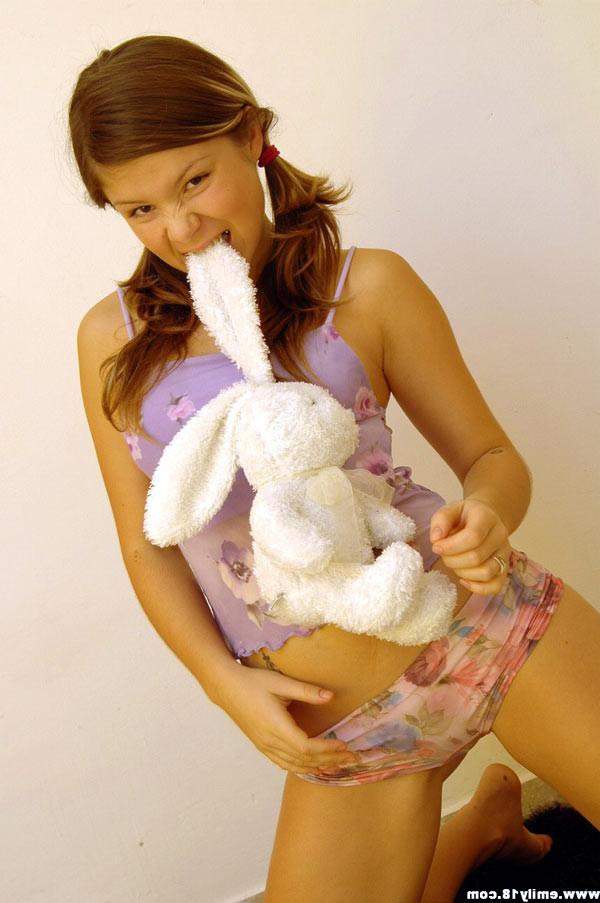 16P Petite teen with small tits drops her panties to tease shaved pussy