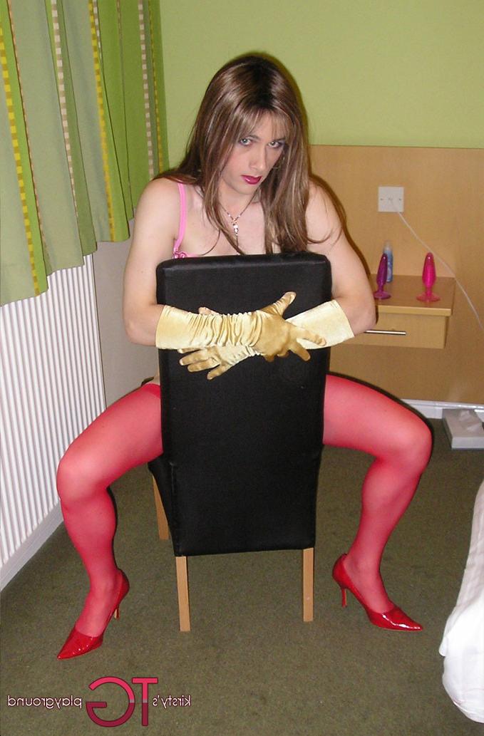 15P TGirl Kirsty wearing horny red lingerie and stockings riding her
