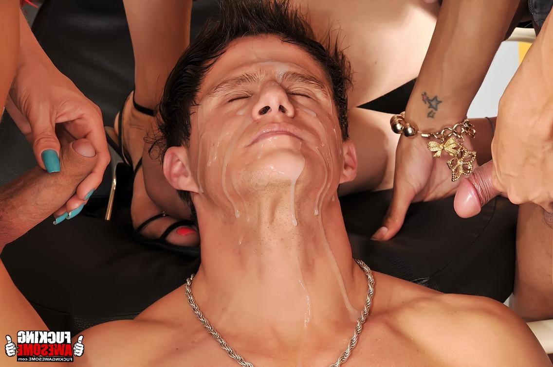 16P Ten trannies with hard ons cover a dude's face in cum after gangbanging him