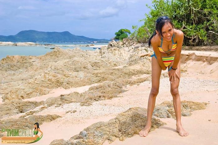 15P Asian Ladyboy Mint lets her cock hang out at the beach