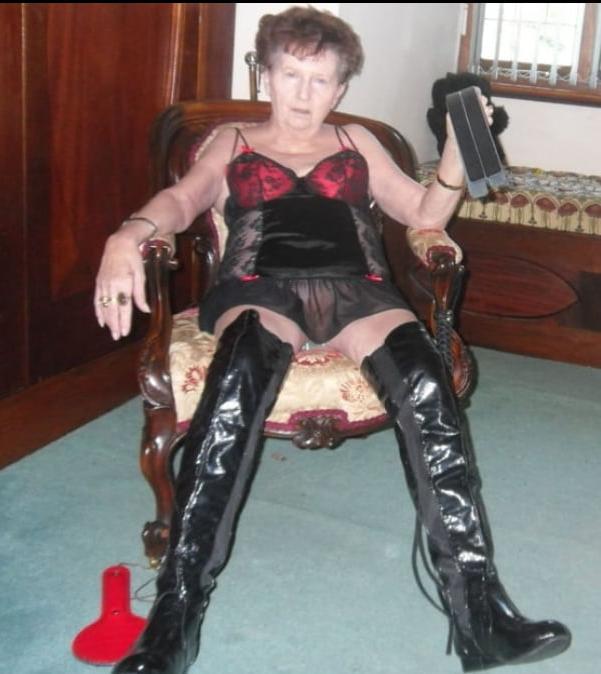 8P granny  likes to wear suspenders  to please
