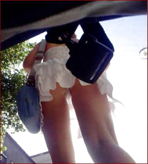 21P Teen upskirt with shaved pussy in hot white tanga