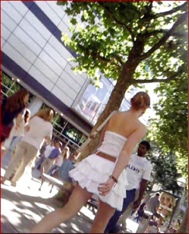 21P Teen upskirt with shaved pussy in hot white tanga