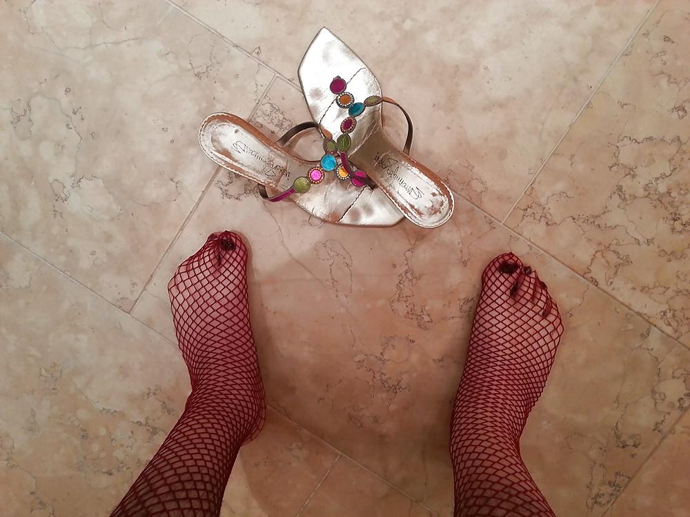 8P Wearing my mom's thong sandals and red fishnet
