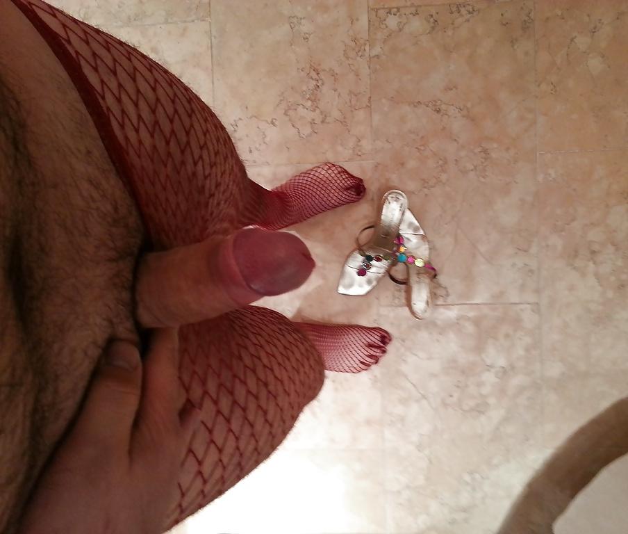 8P Wearing my mom's thong sandals and red fishnet