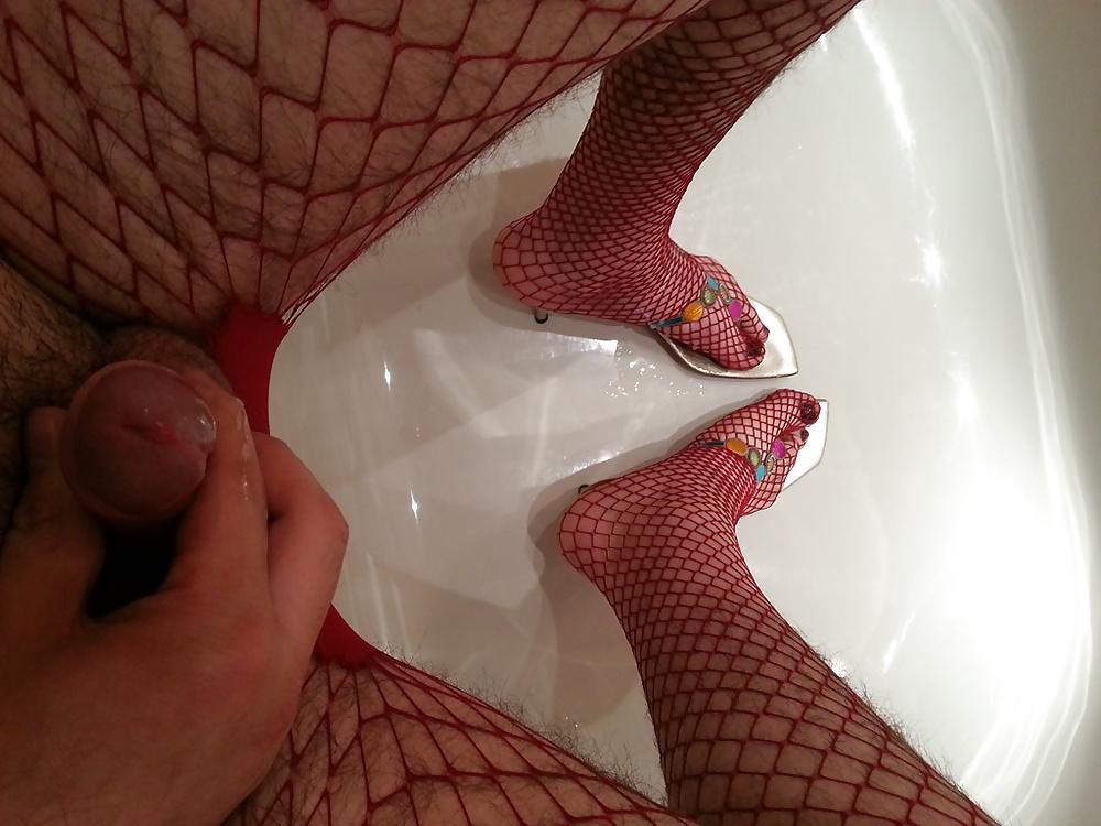 8P Wearing my mom's thong sandals and red fishnet