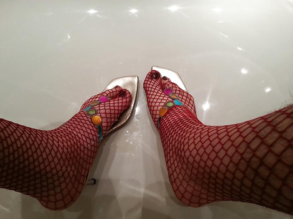 8P Wearing my mom's thong sandals and red fishnet