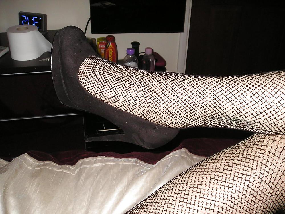 23P Lace top fishnet stockings and gloss tan tights