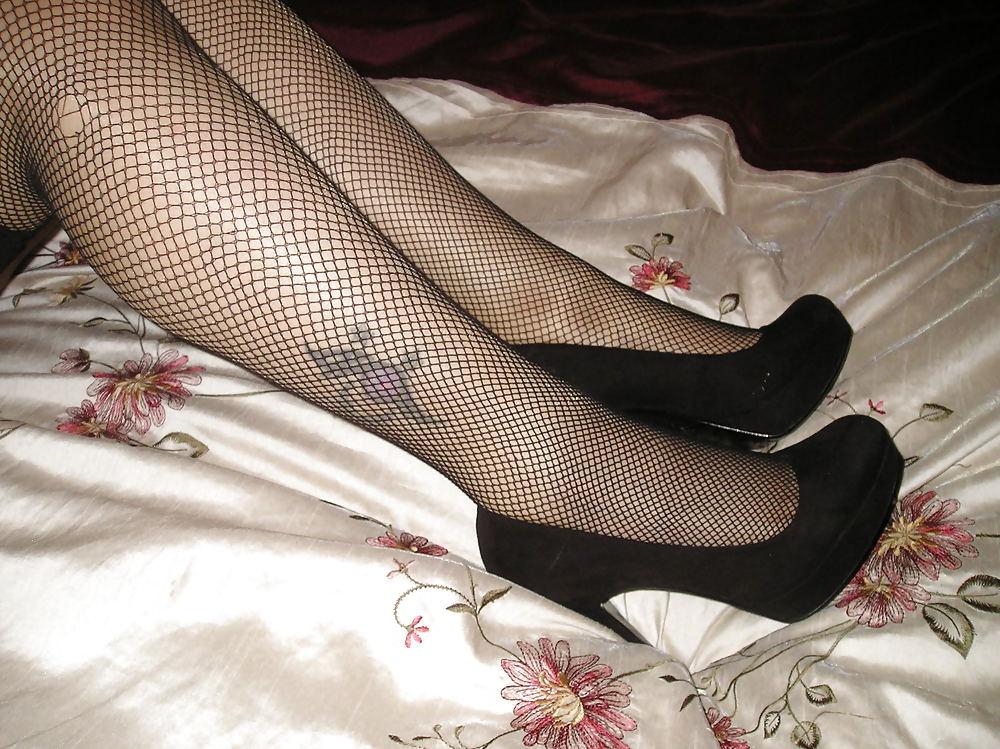 23P Lace top fishnet stockings and gloss tan tights