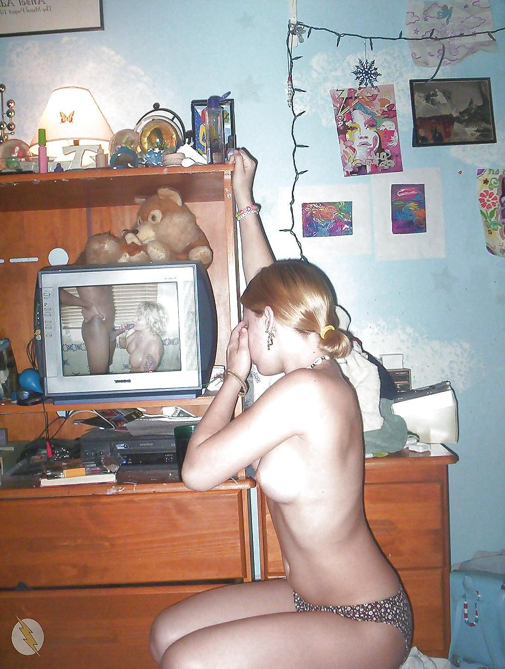 20P White Girls watching Interracial Porn