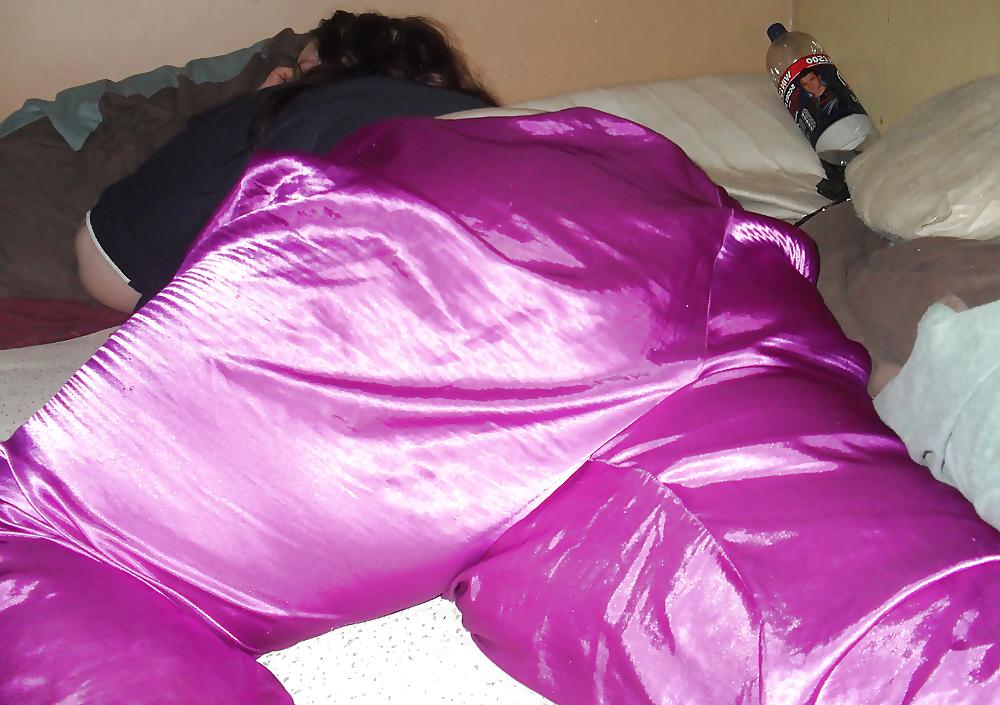 8P My SSBBW Girlfriend In Purple Satin Pajama Bottoms