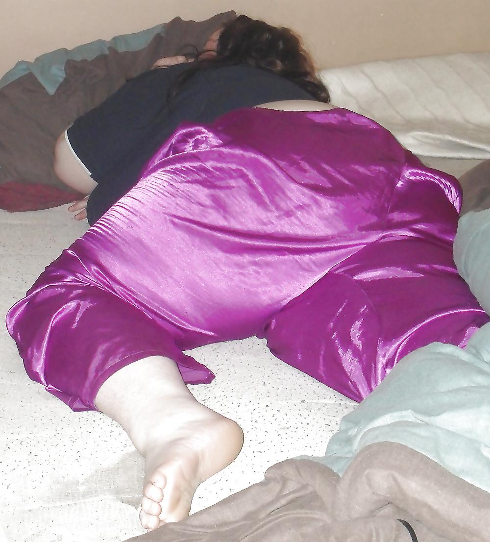 8P My SSBBW Girlfriend In Purple Satin Pajama Bottoms