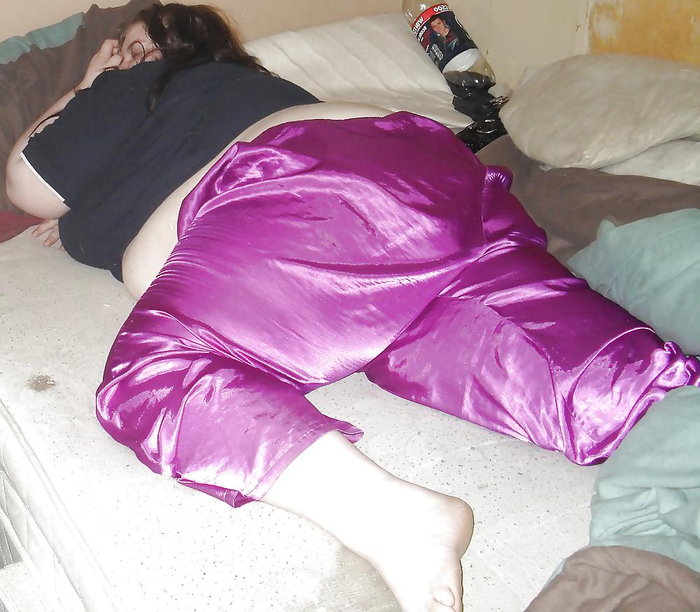 8P My SSBBW Girlfriend In Purple Satin Pajama Bottoms