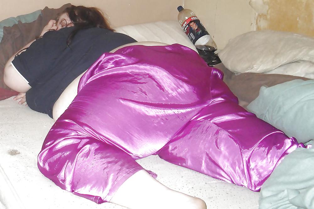 8P My SSBBW Girlfriend In Purple Satin Pajama Bottoms