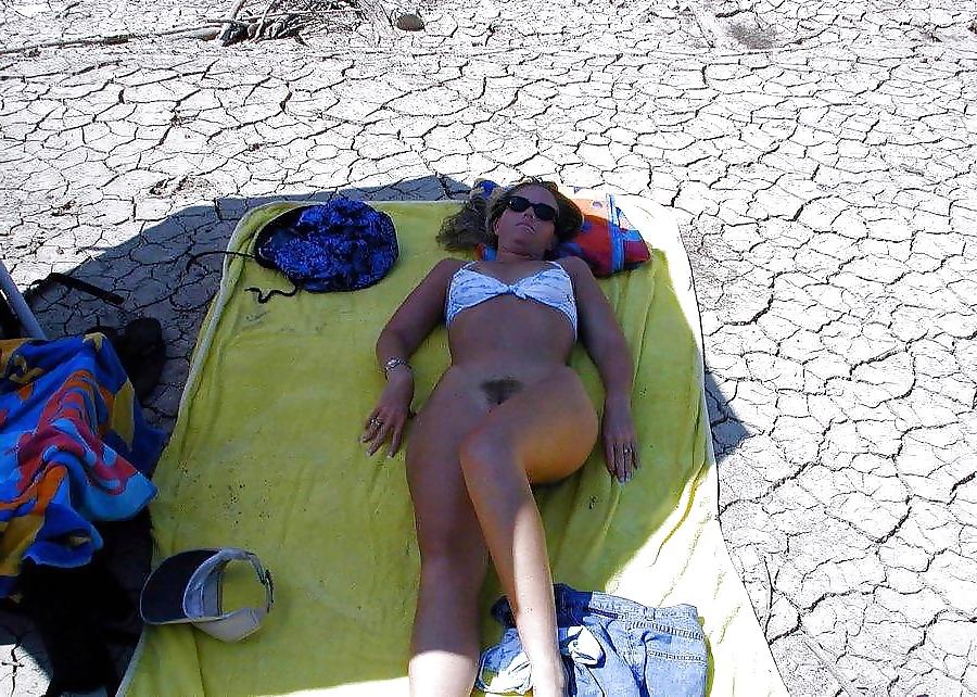 25P Bottomless and Hairy Sunbathing