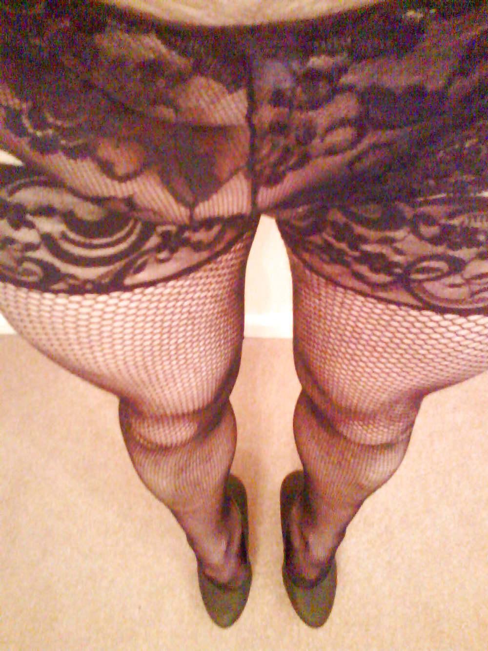 15P Black fishnet stockings and heels