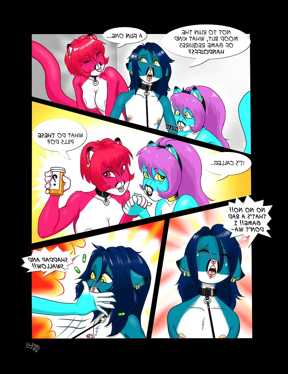 22P A milky naughty catboy and two vixens - furry doujin femdom