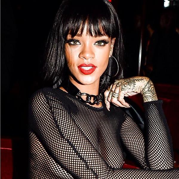 15P Rihanna: Nipples See-Through Fishnet Paris 2014 - Ameman