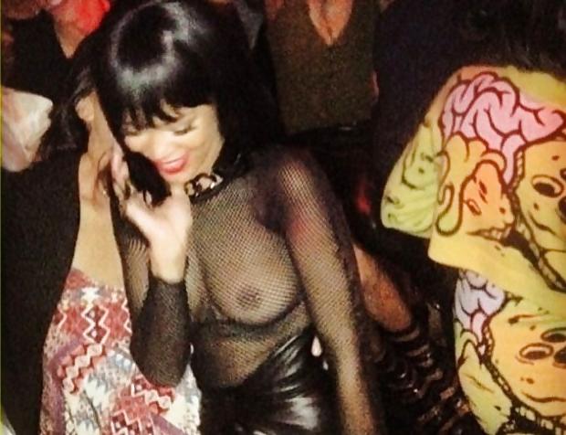15P Rihanna: Nipples See-Through Fishnet Paris 2014 - Ameman
