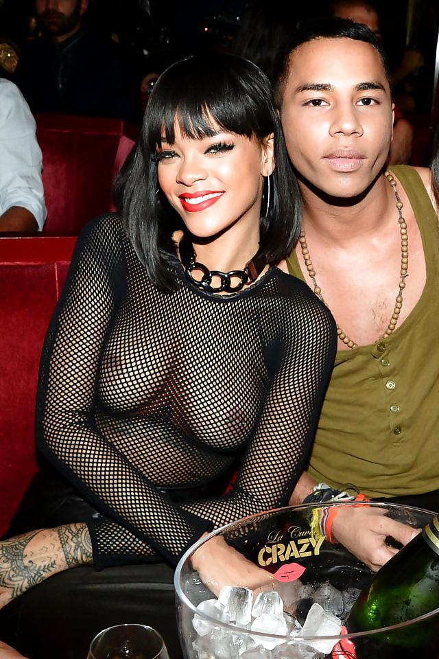15P Rihanna: Nipples See-Through Fishnet Paris 2014 - Ameman