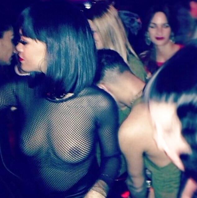 15P Rihanna: Nipples See-Through Fishnet Paris 2014 - Ameman