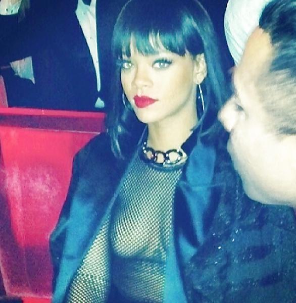 15P Rihanna: Nipples See-Through Fishnet Paris 2014 - Ameman