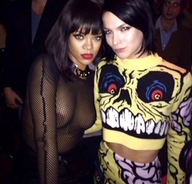 15P Rihanna: Nipples See-Through Fishnet Paris 2014 - Ameman