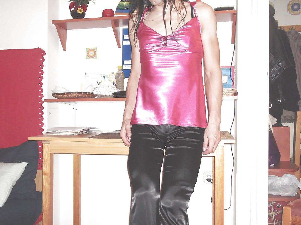 20P Black satin trousers and pink satin top