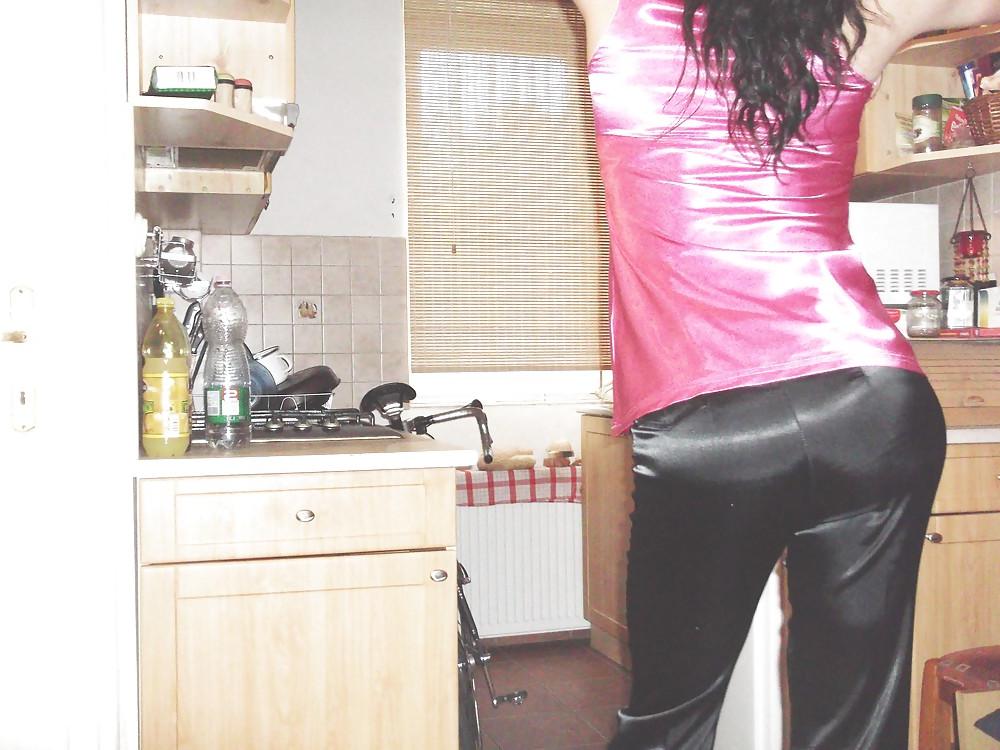 20P Black satin trousers and pink satin top