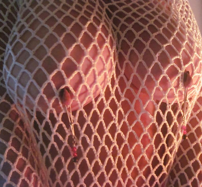 7P Nipple clamps and fishnet top