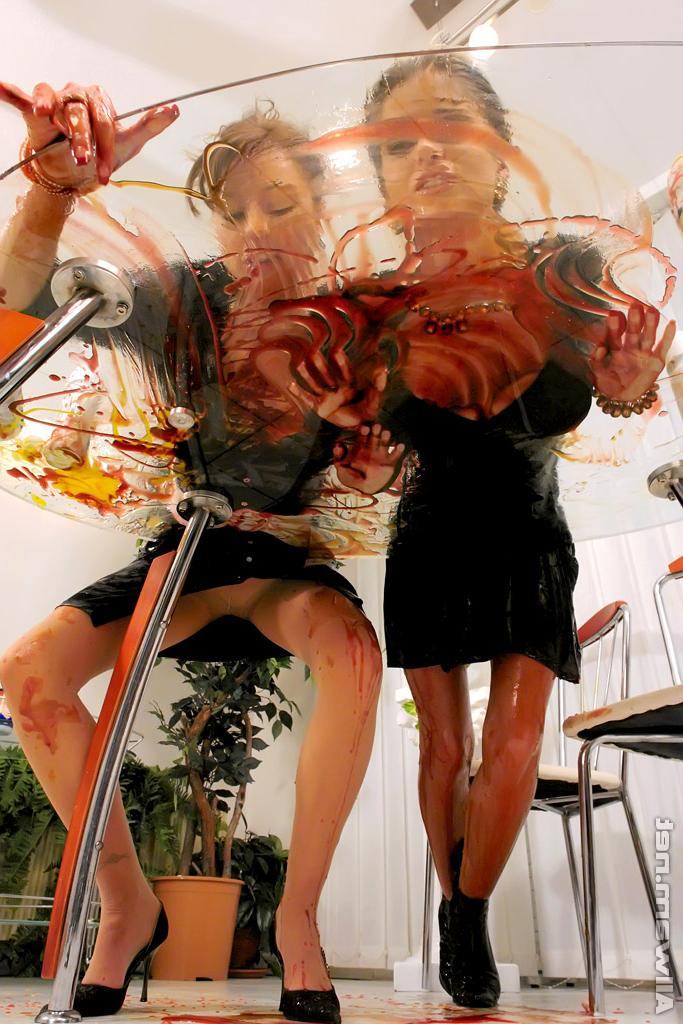 16P Fetish gals Leny Wild & Nessa Devil make some wet and messy foodplay action