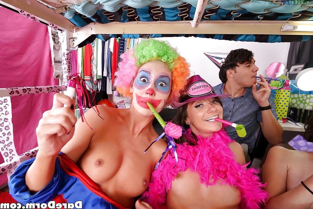 16P Gia Paige and party girls in blindfolds engage in dorm room groupsex