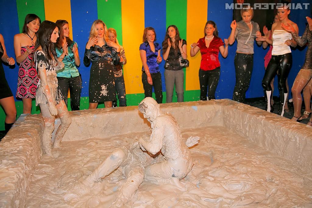 16P Stupendous fully clothed chicks are into messy mud wrestling